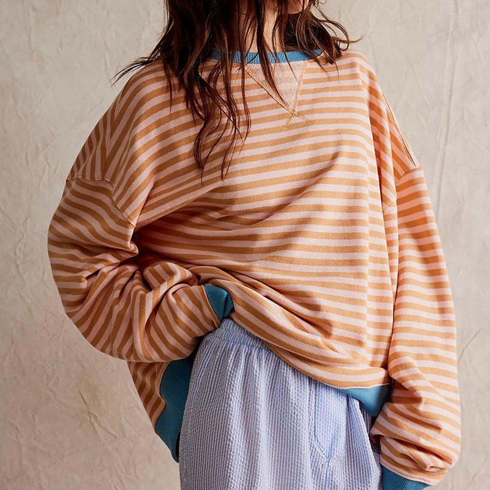 NWOT Free People Oversized Striped Crewneck Latte Combo